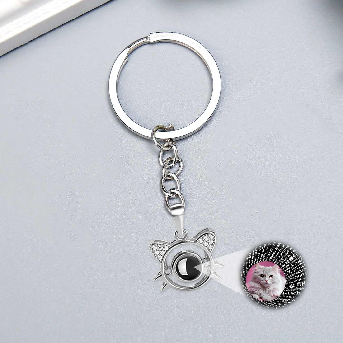 Cat Shape Picture Projection Keychain Personalized Pet Memorial Keychian for Pet Lover - OARSE