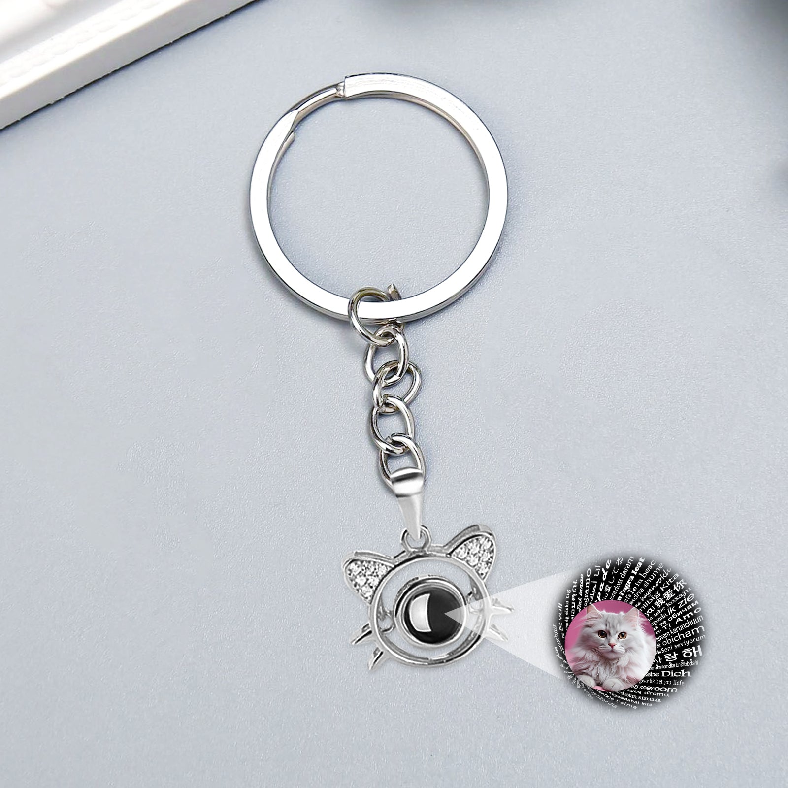 Cat Shape Picture Projection Keychain Personalized Pet Memorial Keychian for Pet Lover - OARSE