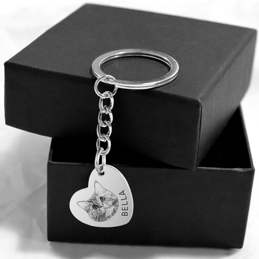 Custom Heart Pet Portrait Keychain with Name Engraved - OARSE