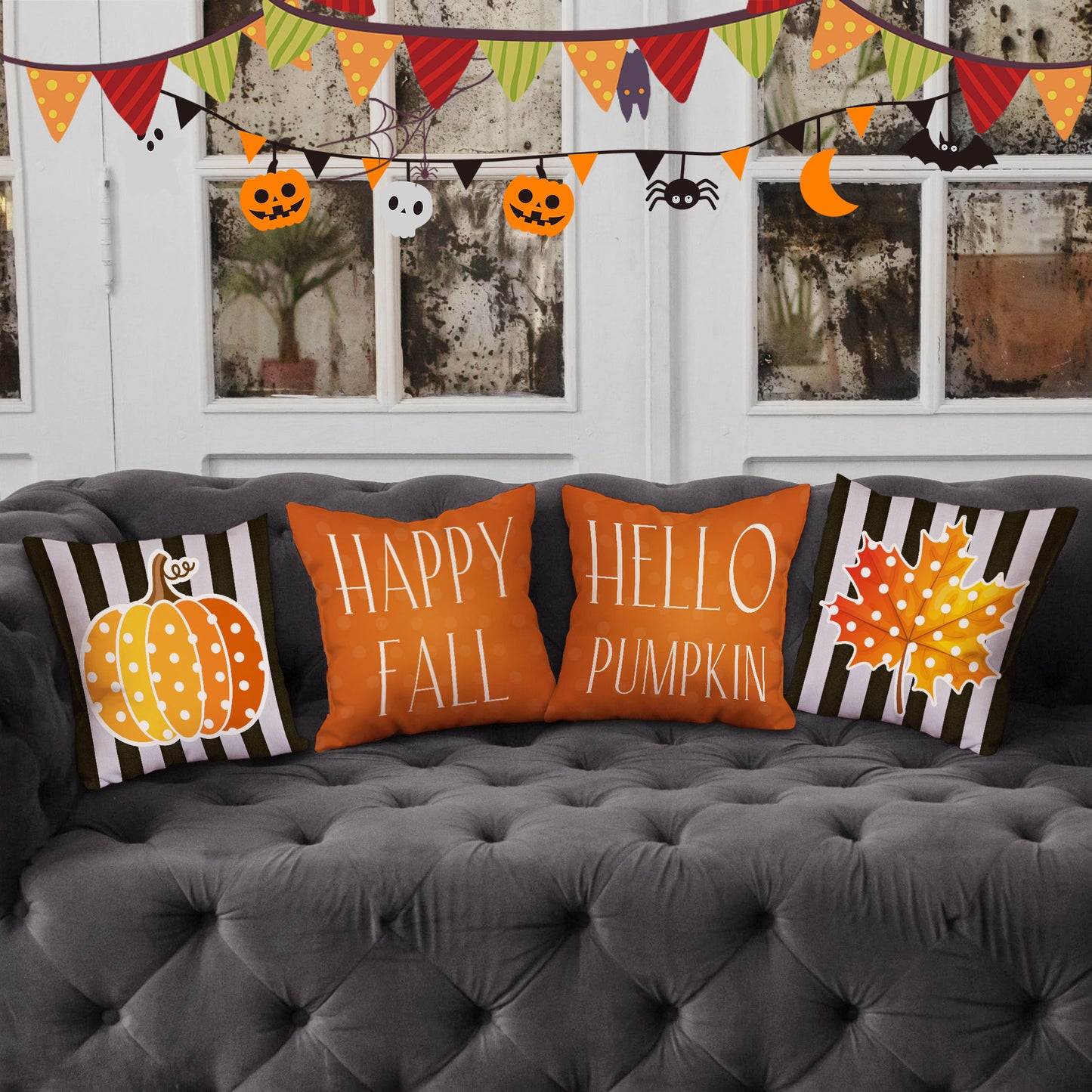 Happy Fall Themed Decorative Pillow, Cozy Pumpkin Pillows for Thanksgiving, Halloween - OARSE