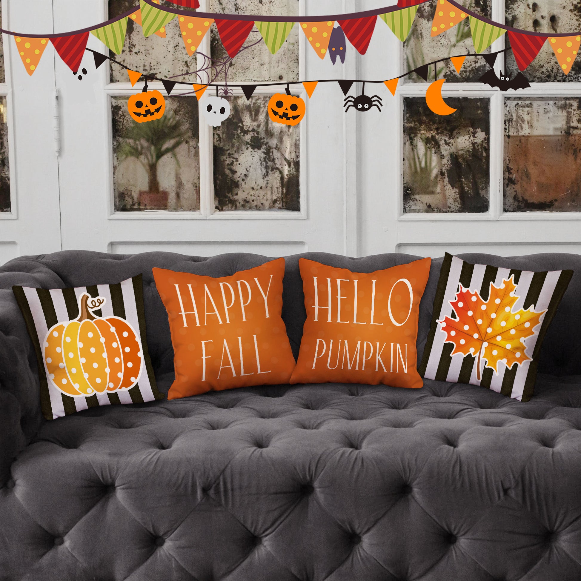 Happy Fall Themed Decorative Pillow, Cozy Pumpkin Pillows for Thanksgiving, Halloween - OARSE