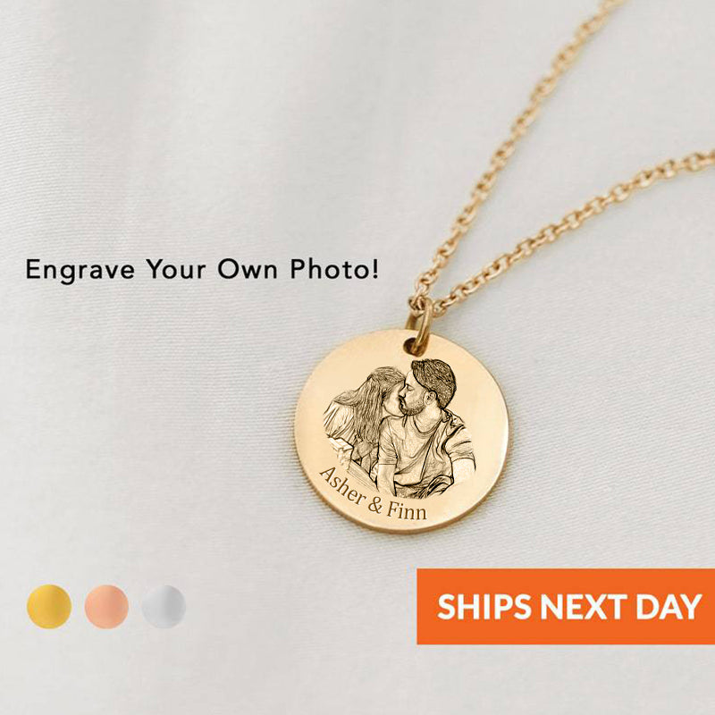 Personalized Circle Photo Necklace, Engraved Picture Pendant - Oarse