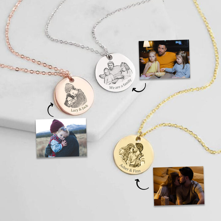 Personalized Circle Photo Necklace, Engraved Picture Pendant - Oarse