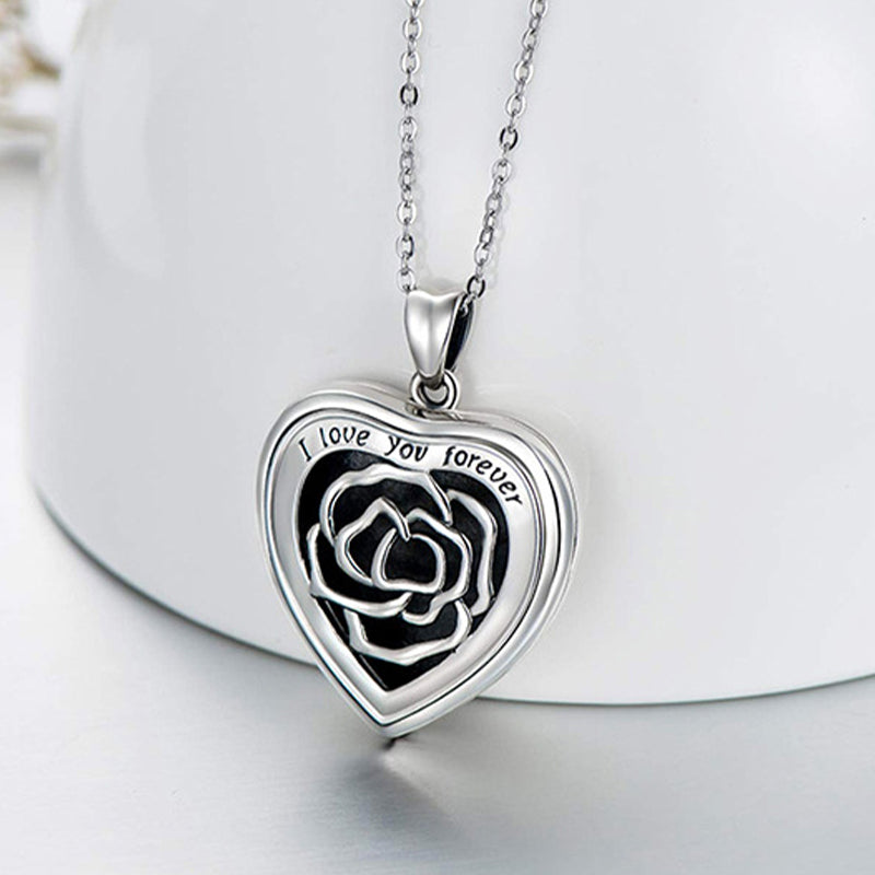 Sterling Silver Heart Locket Necklace With Picture, Locket Necklace Engraved Rose - Oarse