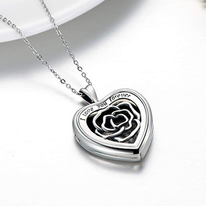 Sterling Silver Heart Locket Necklace With Picture, Locket Necklace Engraved Rose - Oarse