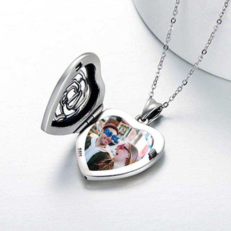 Sterling Silver Heart Locket Necklace With Picture, Locket Necklace Engraved Rose - Oarse