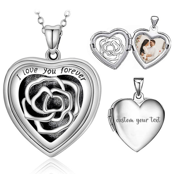 Sterling Silver Heart Locket Necklace With Picture, Locket Necklace Engraved Rose - Oarse