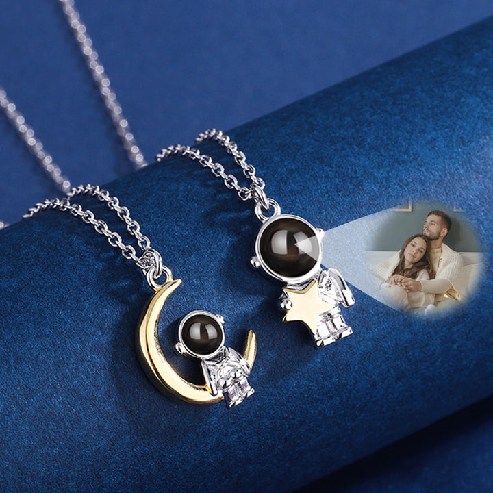 Custom Astronaut Pendant Photo Projection Necklace Couple 925 Sterling Silver Moon And Star Necklace - Oarse