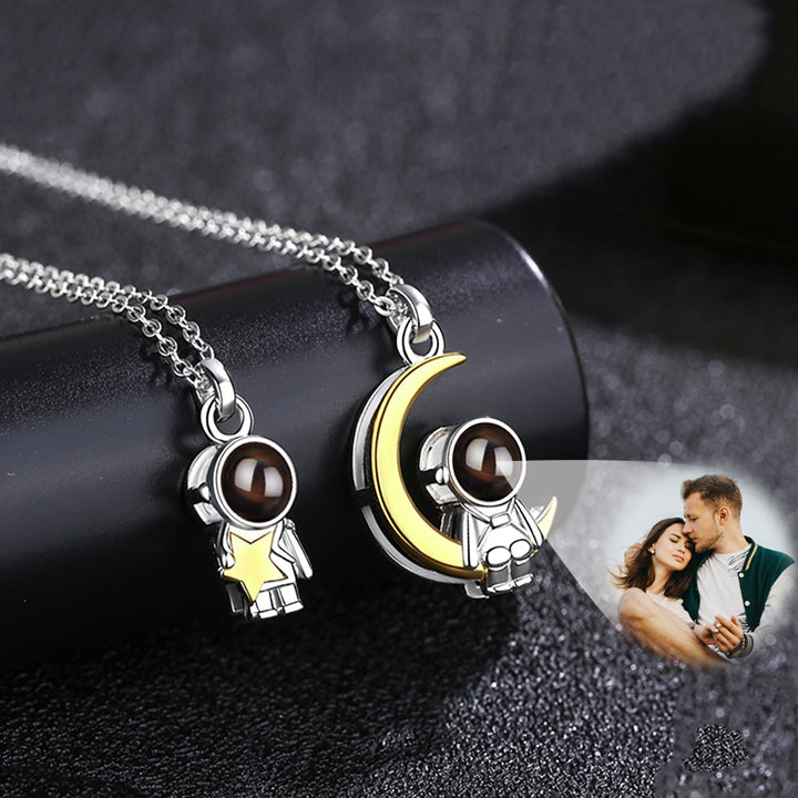 Custom Astronaut Pendant Photo Projection Necklace Couple 925 Sterling Silver Moon And Star Necklace - Oarse
