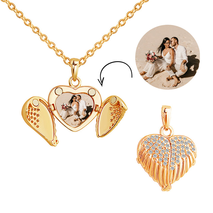 Angel Wing Locket Necklace Personalised Heart Locket With Photo Inside - Oarse