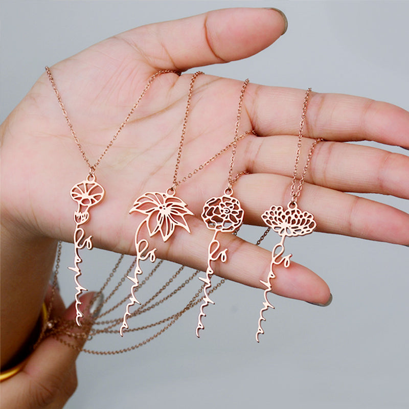 Birthday Flower Necklace Custom Name Pendant Necklace - Oarse