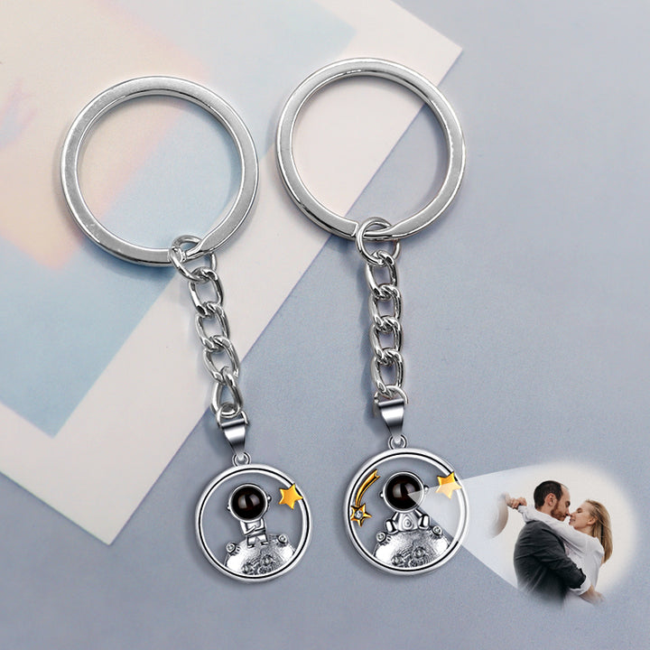 Personalized Photo Projection Keychain 925 Sterling Silver Astronaut Keychain For Couple Best Friend - Oarse