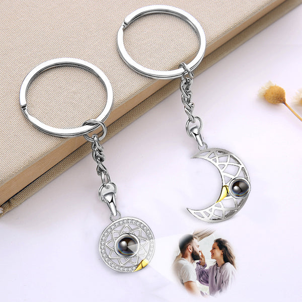 Sun And Moon Photo Projection Keychain Sterling Silver Matching Keychains For Couples - Oarse