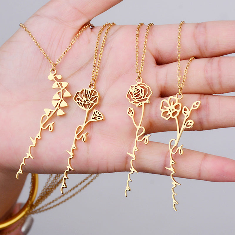 Birthday Flower Necklace Custom Name Pendant Necklace - Oarse