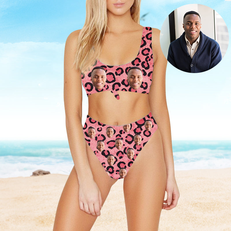 Face Bathing Suit Sexy Leopard Sport Top & High-Waisted Bikini Swimsuit - Oarse