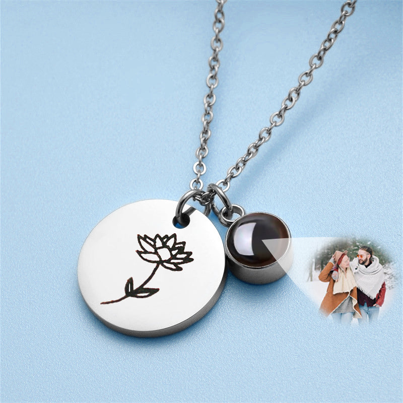 Projection Necklace Photo,Disc Necklace Birthday Flower Custom Made Necklace - Oarse