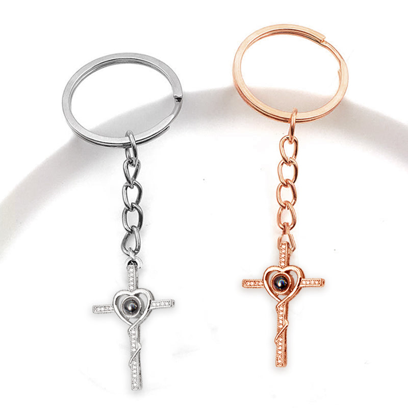 Cross Heart Shaped Keychain Personalized Photo Projection Keychain Sterling Silver Cross Keychain For Girlfriend - Oarse