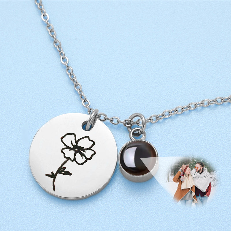 Projection Necklace Photo,Disc Necklace Birthday Flower Custom Made Necklace - Oarse