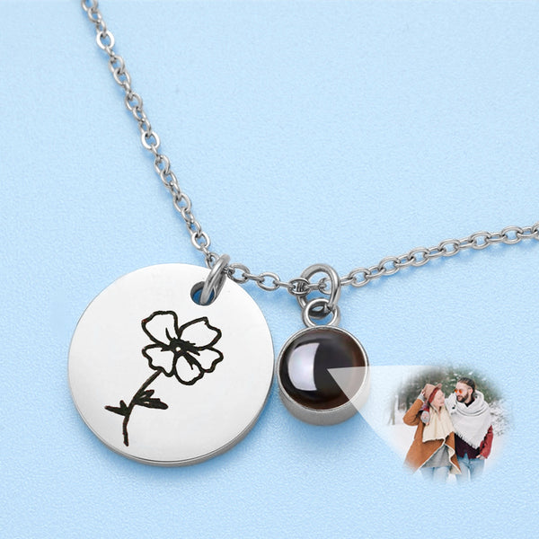 Projection Necklace Photo,Disc Necklace Birthday Flower Custom Made Necklace - Oarse