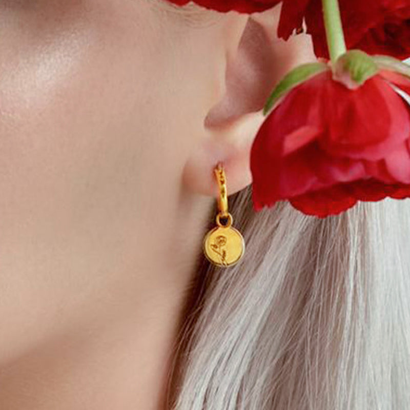 Circle Custom Made Earrings, Design Your Own Earrings With Birthday Flower - Oarse
