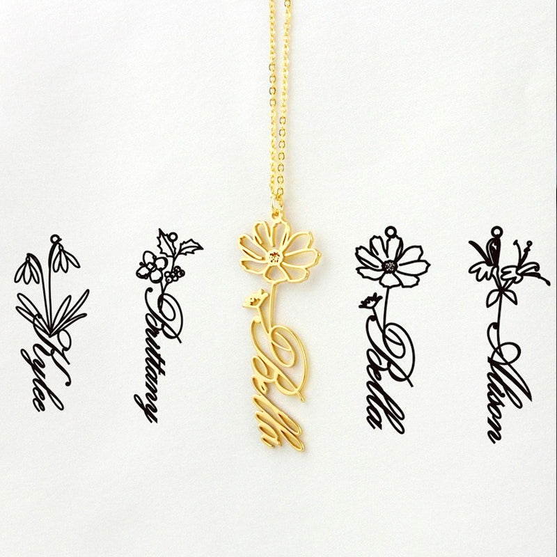 Birthday Flower Necklace Custom Name Pendant Necklace - Oarse
