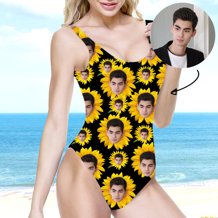 Boyfriend Face Sunflower Women Custom One Piece Swimsuit - Oarse