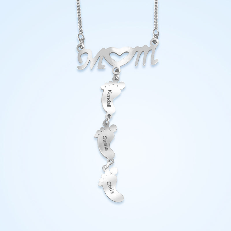 Baby Feet Name Engraved Necklace, Mom Alphabet Name Tag Necklace - Oarse