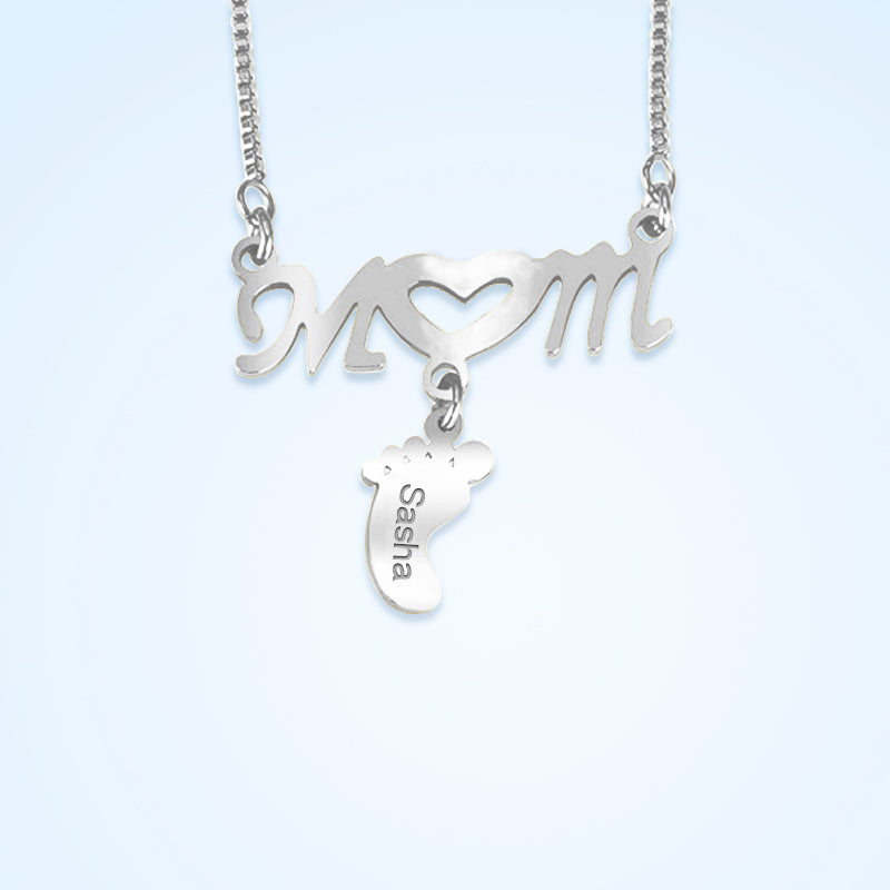 Baby Feet Name Engraved Necklace, Mom Alphabet Name Tag Necklace - Oarse
