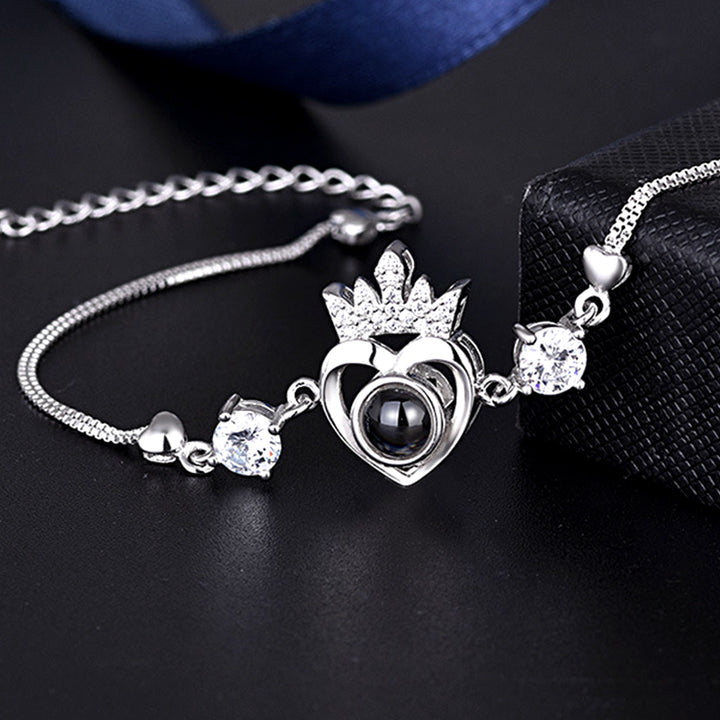 Crown Photo Projection Bracelet, Heart Sterling Silver Personalised Bracelet For Girlfriend - Oarse