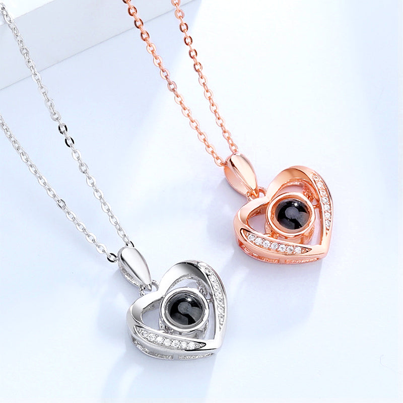 Personalized Heart Photo Necklace,Photo Projection Pendant Heart Necklace With I Love You In 100 Languages - Oarse