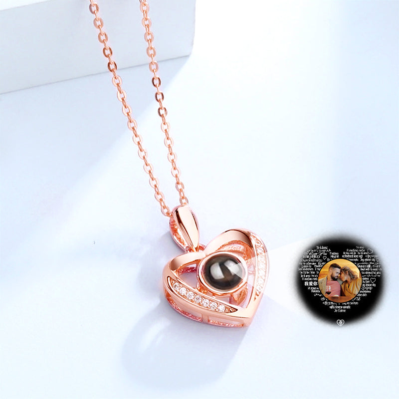 Personalized Heart Photo Necklace,Photo Projection Pendant Heart Necklace With I Love You In 100 Languages - Oarse