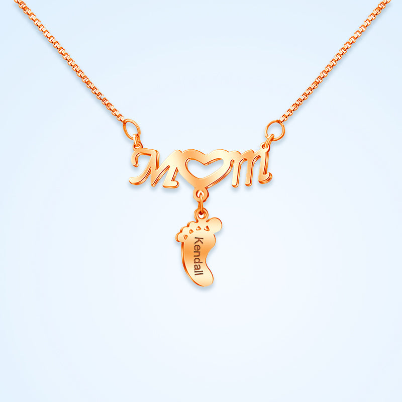 Baby Feet Name Engraved Necklace, Mom Alphabet Name Tag Necklace - Oarse