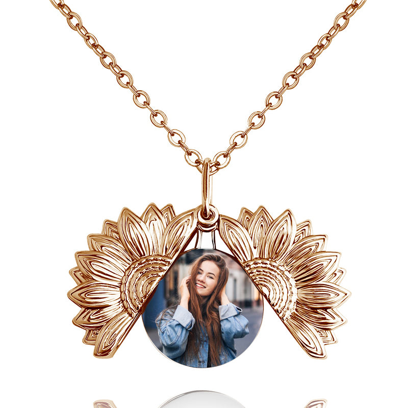 Sunflower Photo Locket Sliding Locket Necklace - Oarse
