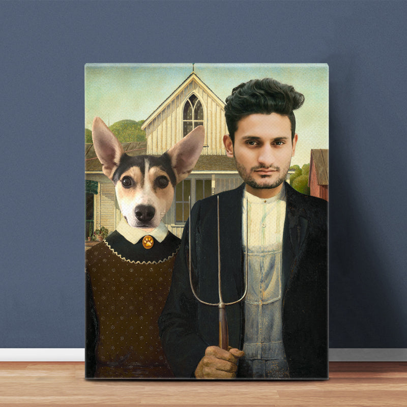 Custom American Gothic Funny Canvas for Couples, Pet and Pet Owner, Pet Couples - Oarse