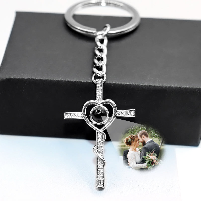 Cross Heart Shaped Keychain Personalized Photo Projection Keychain Sterling Silver Cross Keychain For Girlfriend - Oarse