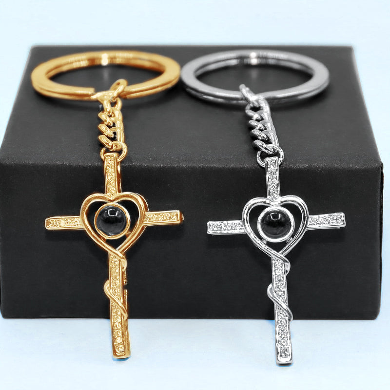 Cross Heart Shaped Keychain Personalized Photo Projection Keychain Sterling Silver Cross Keychain For Girlfriend - Oarse