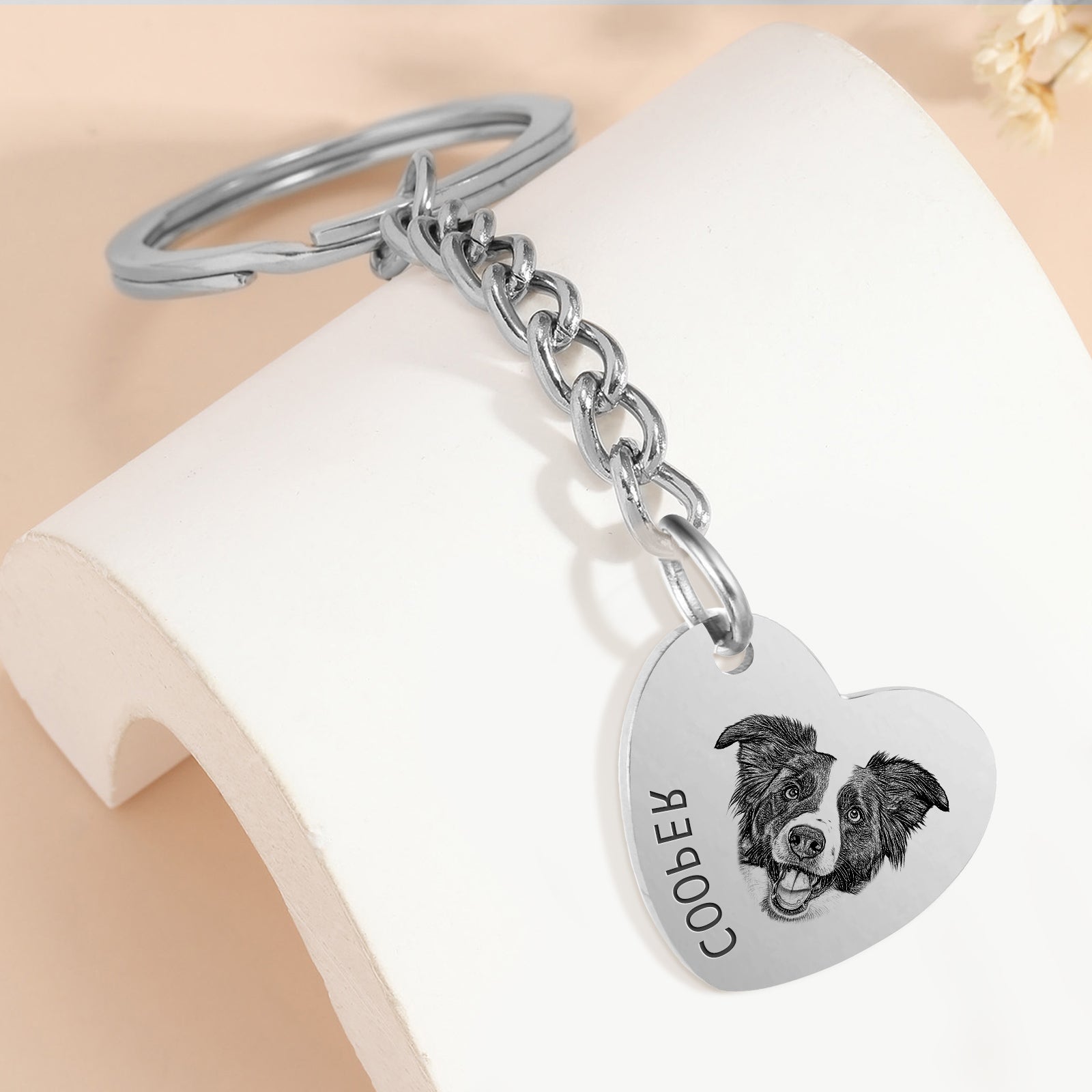 Custom Heart Pet Portrait Keychain with Name Engraved - OARSE