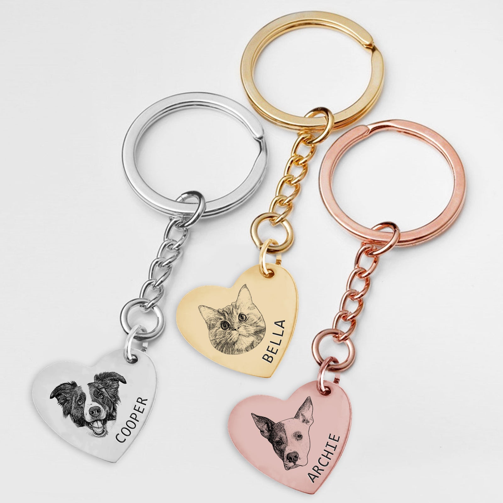 Custom Heart Pet Portrait Keychain with Name Engraved - OARSE
