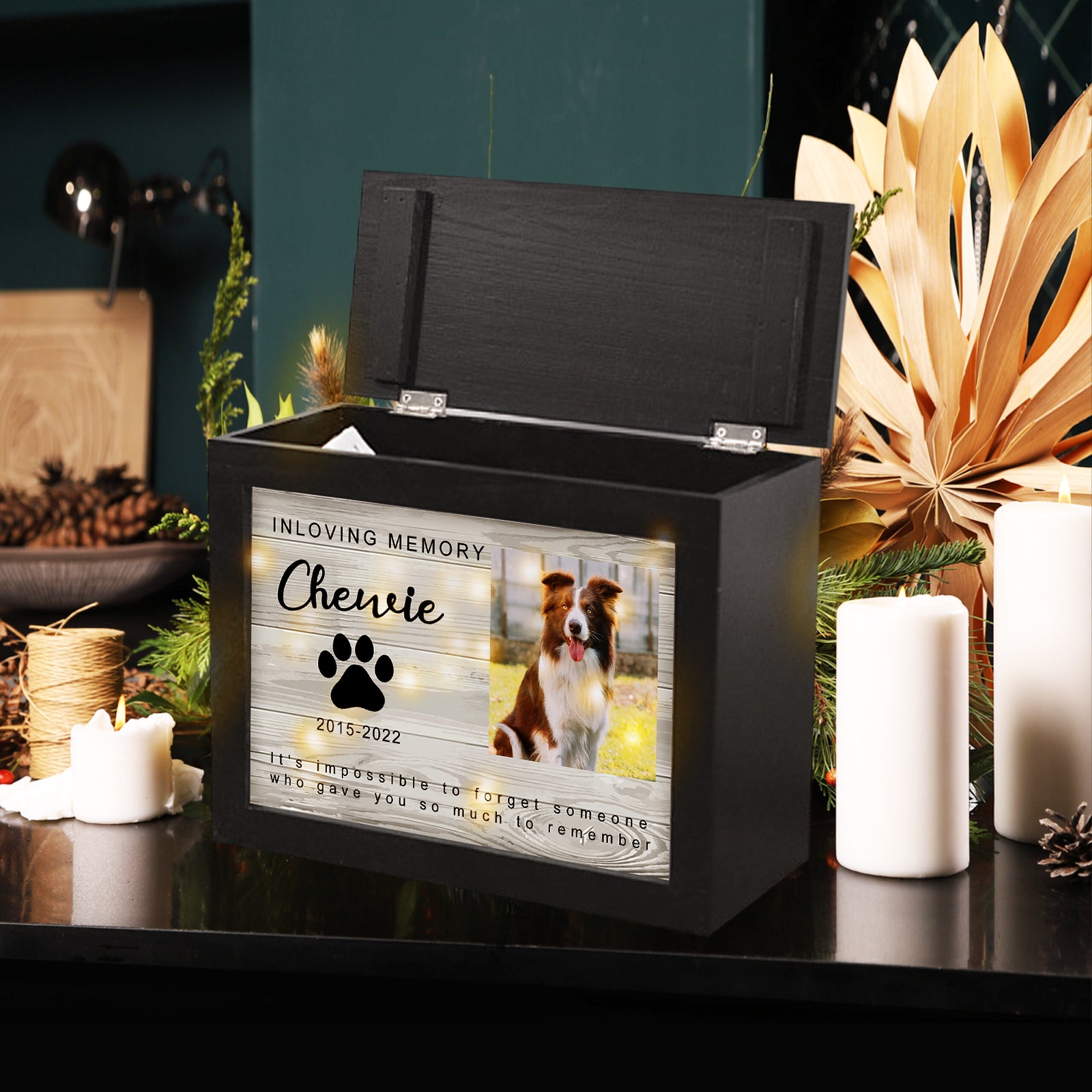 Personalized Wooden Lighted Pet Memorial Urn with Photo for Dog/Cat Ashes - OARSE
