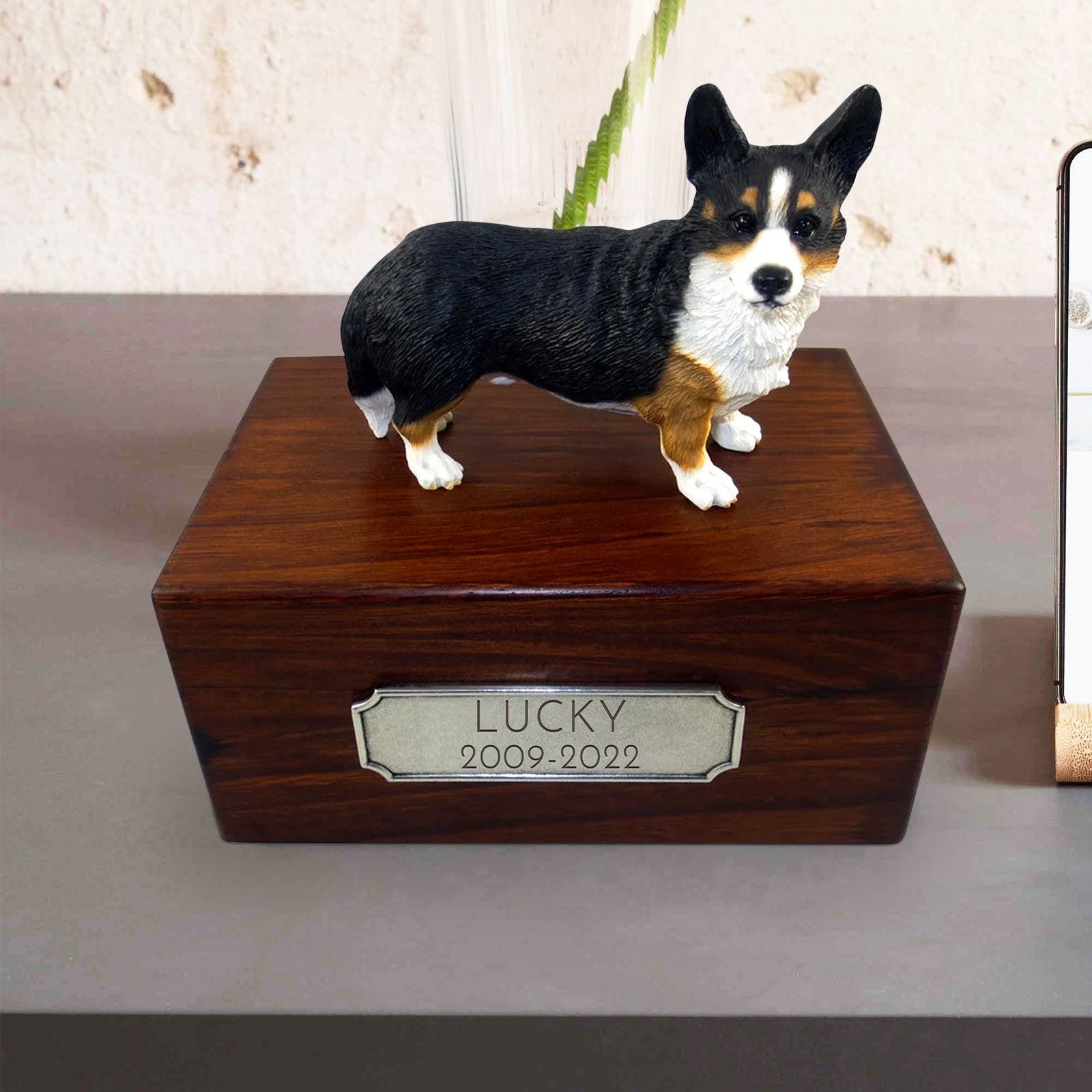 Personalized Wooden Pet Cremation Boxes with Name Plate for Welsh Corgi - OARSE