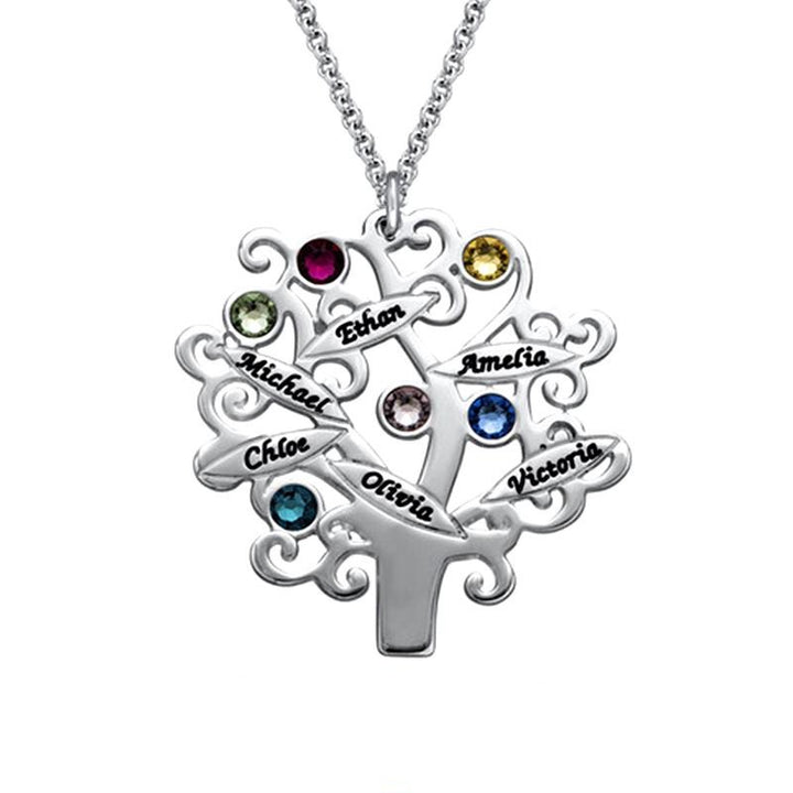 Personalized Birthstone Necklace With Names Sterling Silver Tree Of Life Pendant And Chain - Oarse