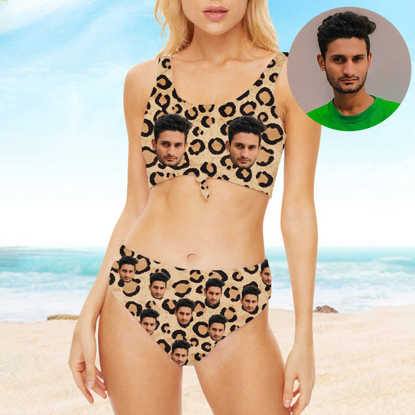 Face Bathing Suit Sexy Leopard Sport Top & High-Waisted Bikini Swimsuit - Oarse