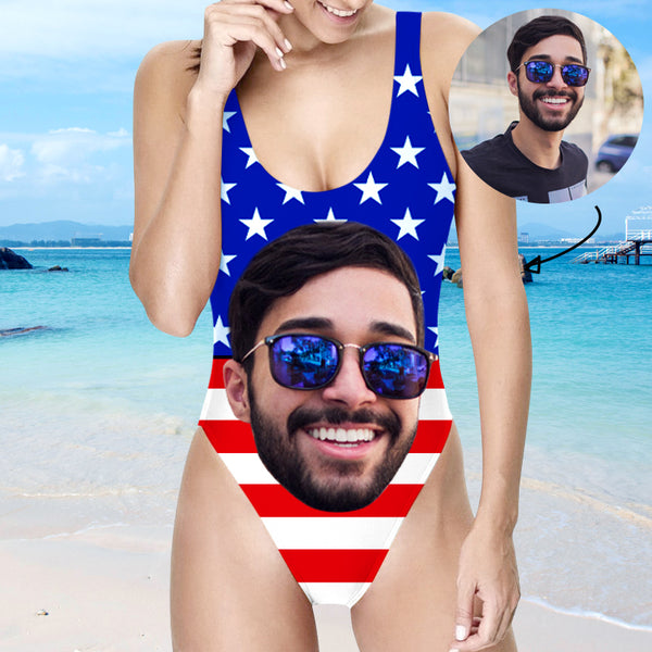 Custom US Flag Ladies One Piece Swimsuits With Faces - Oarse