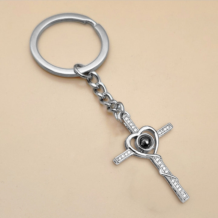 Cross Heart Shaped Keychain Personalized Photo Projection Keychain Sterling Silver Cross Keychain For Girlfriend - Oarse