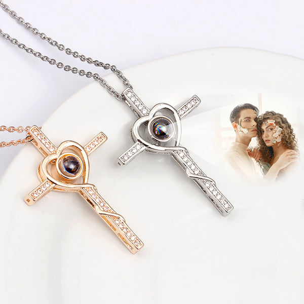 Personalized Heart Photo Projection Necklace Custom Cross Necklace For Girlfriend - Oarse