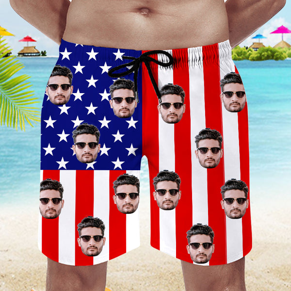 US Flag Custom Swim Trunks, Swim Trunks With Face On Them - Oarse