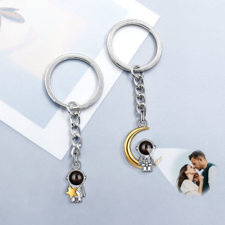 Moon and Star Photo Projection Keychain 925 Sterling Silver Astronaut Personalized Couples Keychains - Oarse