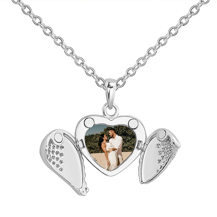 Angel Wing Locket Necklace Personalised Heart Locket With Photo Inside - Oarse