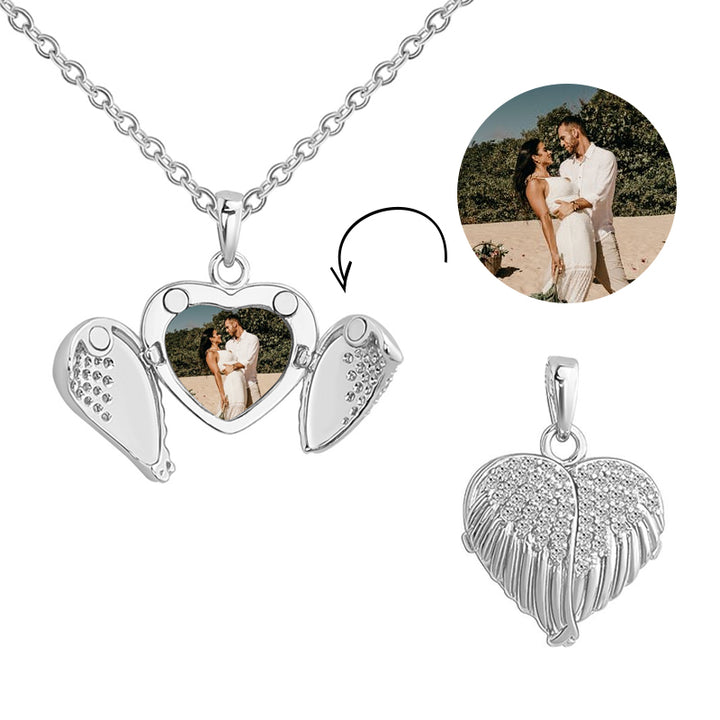 Angel Wing Locket Necklace Personalised Heart Locket With Photo Inside - Oarse