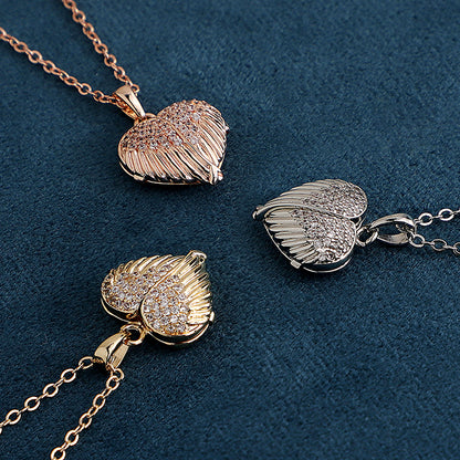 Angel Wing Locket Necklace Personalised Heart Locket With Photo Inside - Oarse